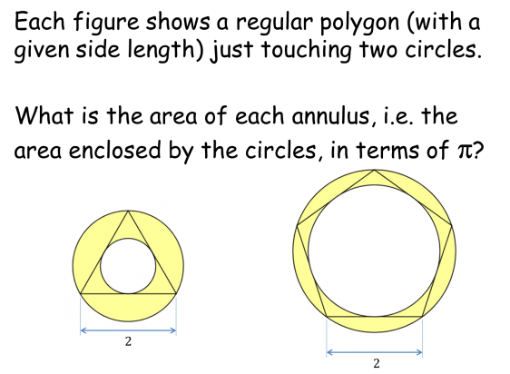 Two diagrams - a triangle and a pentagon, each has a circle within and outside of it. The text reads "Each figure shows a regular polygon (with a given side length) just touching two circles. What is the area of each annulus i.e. the area enclosed by the circles, in terms of pi?