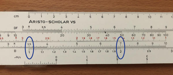 Figure 5: Slide rule with the upper scale placed so that 3.5 is adjacent to 1 in the lower scale, noting that the figure adjacent to the 2 on the lower scale is 7.