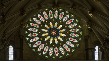The stained glass rose window in the South Transept of York Minster