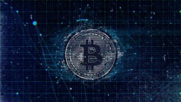 A bitcoin depicted as a coin, with with a digital-looking grid pattern in the background. The image is in varying shades of blue