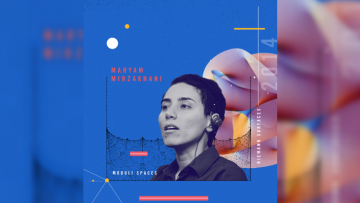 Maryam Mirzakhani in black and white, against a blue background. There are topological images in the background, and her name to the top left in red letters.