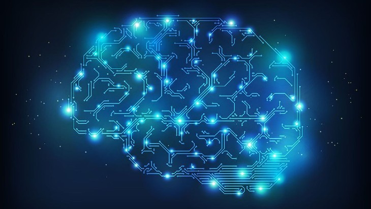 On a black background, an outline of a brain represented by bright blue lines, in such a way that it looks like a circuit board.