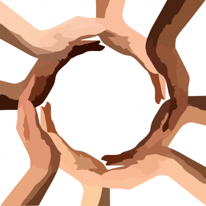 Hands of different races creating a circle together