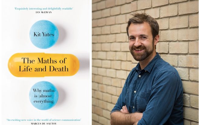 The cover of Kit's book, 'The Maths of Life and Death' is displayed on the left. On the right Kit, smiling towards the camera, has his arms crossed and is leaning against a brick wall
