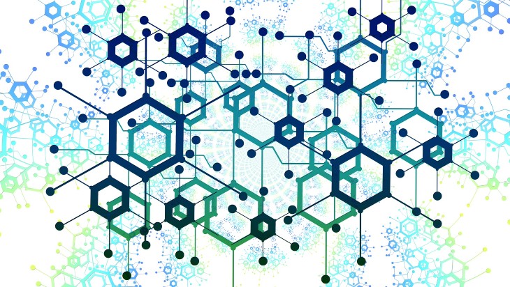 Interlinked hexagons in varying shades of blue and green