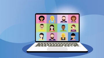 A drawing of a video conference on a laptop against a background of circles in shades of pale blue
