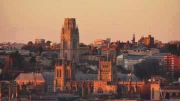 A view over Bristol rooftops at sunset