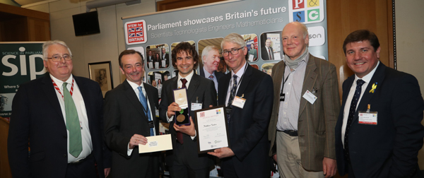 Gold winner, Matthew Tointon with Stephen Benn, Martin Bridson, Paul Glendinning, Geoffrey Grimmett and Stephen Metcalfe MP.