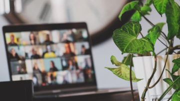 An out of focus laptop screen open to a Zoom call. A plant is visible in the foreground to the right.