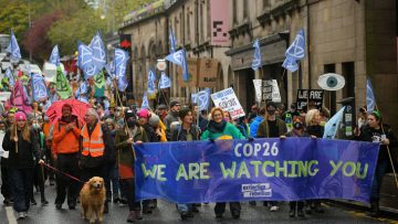 Edinburgh Scotland, UK October 31 2021. Environmental protesters march peacefully from the Meadow to the Scottish Parliament ahead of COP 26. credit sst/alamy live news
