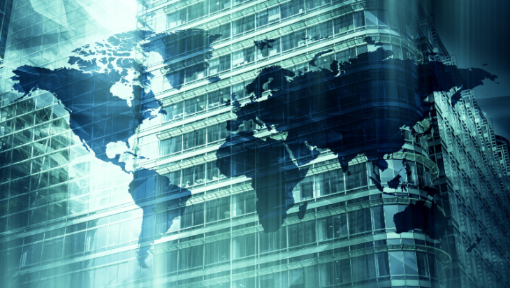 Image of world map over a building