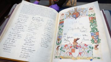 Royal Society Charter Book - a photo of the signatures on the royal page